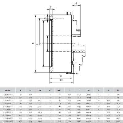 BISON 3-Bakket Centrerpatron Ø160 mm-Stål-DIN 6350-Montering på bagsiden (cylindrisk holder)-3504-160